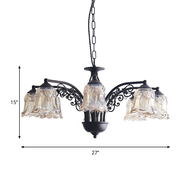 Black Curvy Arm Hanging Chandelier Rural Style Metallic 6/8 Lights Living Room Suspension Pendant