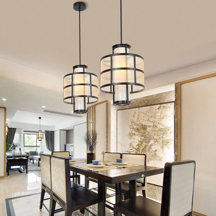 Double Cylinder Linen Shade Pendant Hanging Lamp Modern 1 Light Hanging Ceiling Light for Bedroom