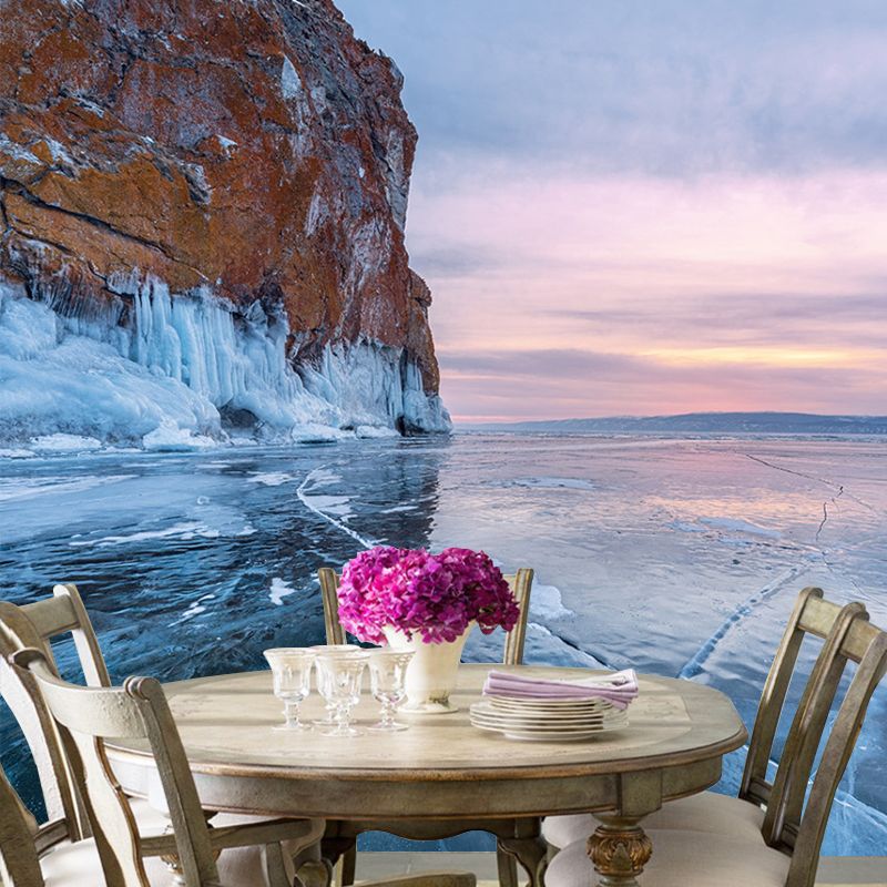 Mountain with Crackle Ice Mural Blue Modernist Wall Decoration for Home, Non-Woven