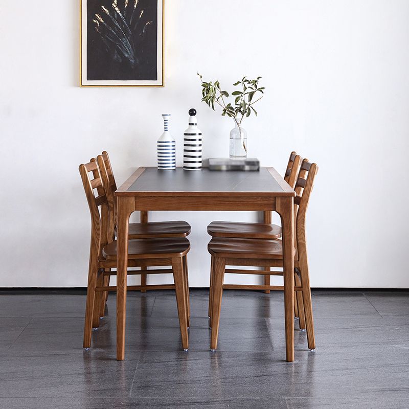 Sintered Stone Top Dining Table in Black Rectangle Table with Wooden Base and 4 Legs