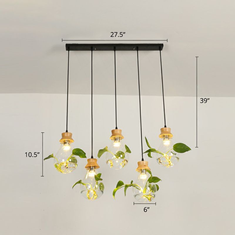 Hydroponic Plant Pendant Lamp Nordic Teardrop Shaped Clear Glass Suspension Light in Black