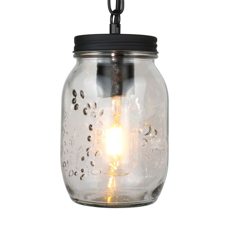 Modern Mason Jar Hanging Ceiling Light 1 Light Clear Glass Pendant Lighting in Black