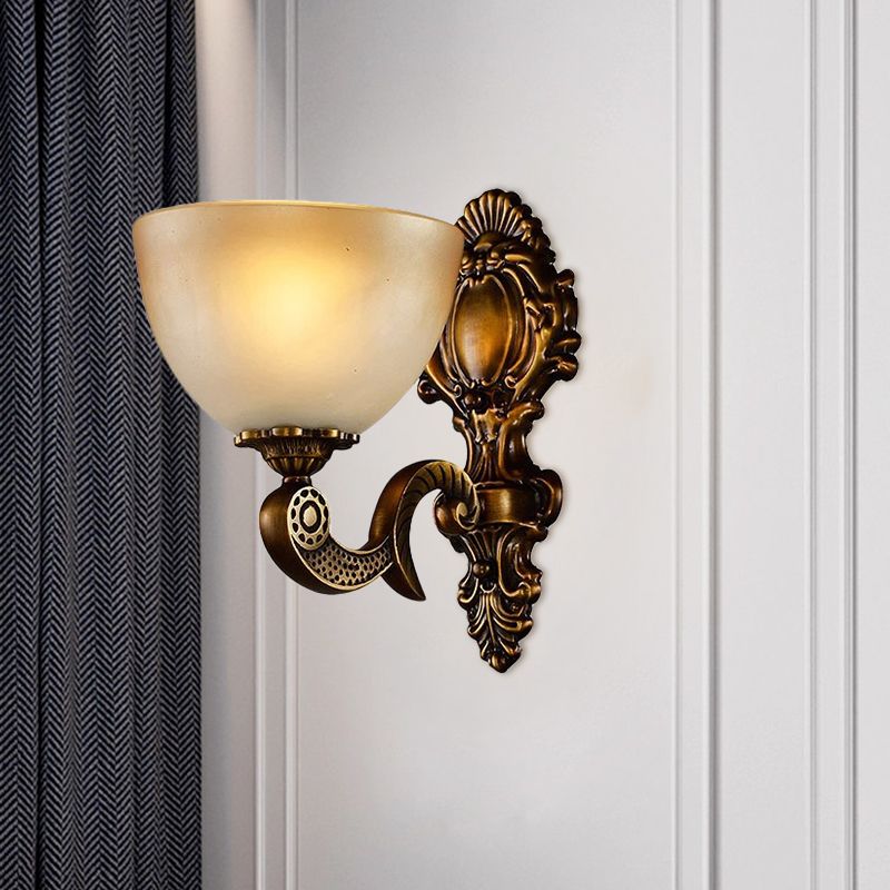 Frosted Glass Bowl Wall Sconce Light Rural 1 Light Bedroom Wall Lighting in Brass with Carved Backplate