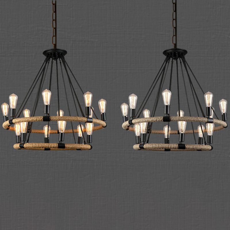 Multi Lights Circle Hemp Rope Chandelier Light Retro Industrial Style Hanging Lighting Fixture for Restaurant Bar