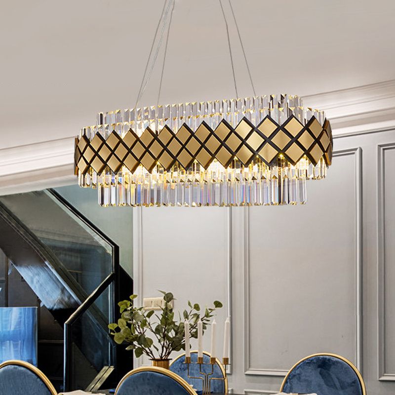 Crystal Block Oval Island Light Contemporary 16-Light Dining Room Pendant Lighting in Gold with Lattice Frame