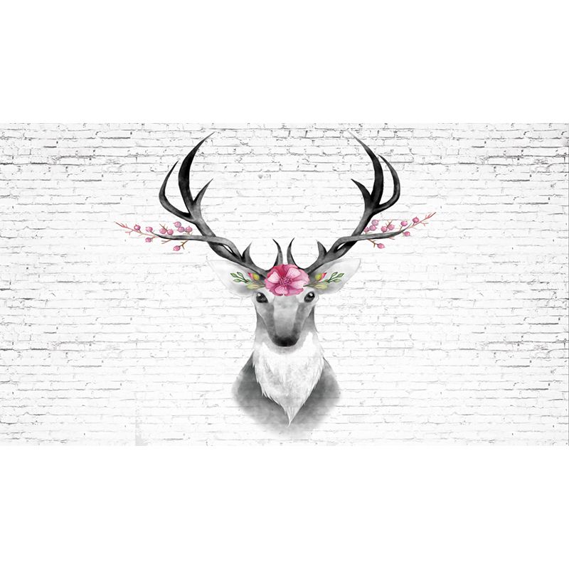 Deer Head and Brick Mural Wallpaper Grey and Pink Art Deco Wall Covering for Bedroom