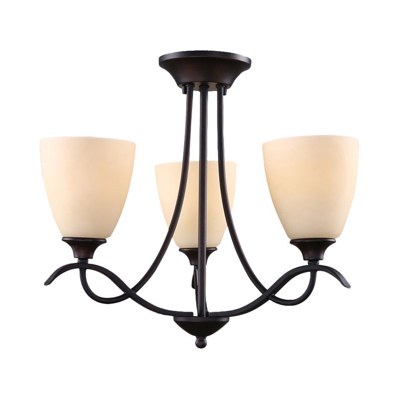 3 Lights Semi Mount Lighting Country Bud White Glass Flush Ceiling Light Fixture for Dining Room