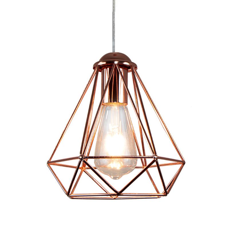 Electroplated Rose Gold Hanging Light Iron Cage Shade Industrial Style Single Bulb Lighting Fixture for Bedroom