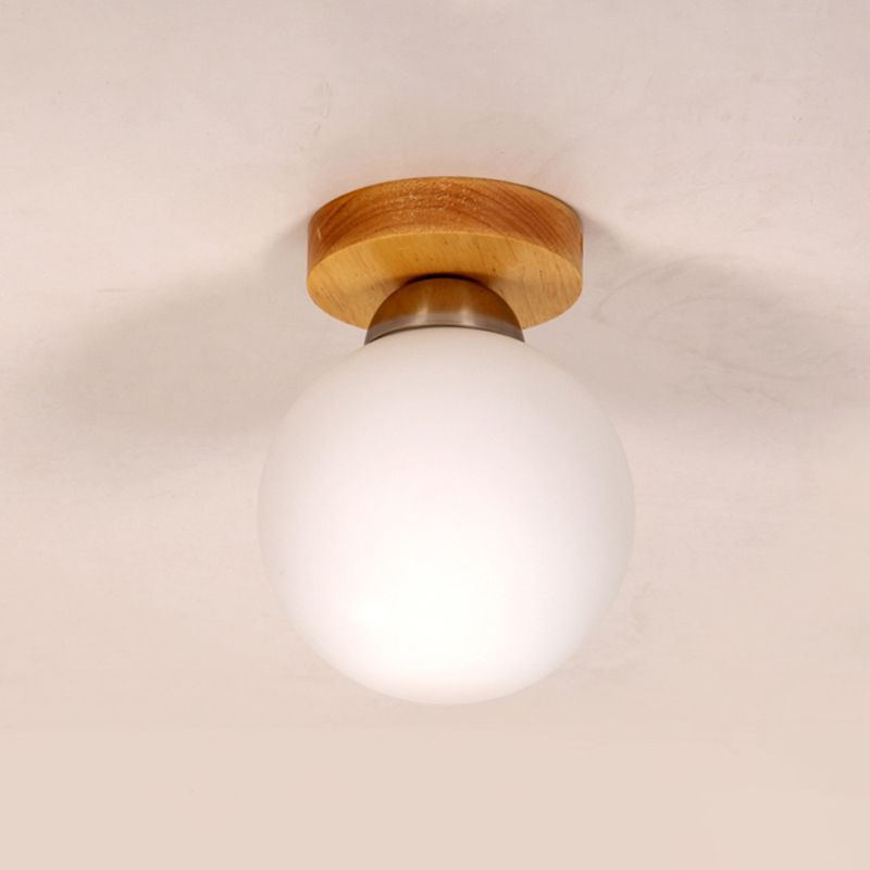 Sphere Corridor Ceiling Lighting Blown White Glass 1 Head Simple Style Flush Light in Wood