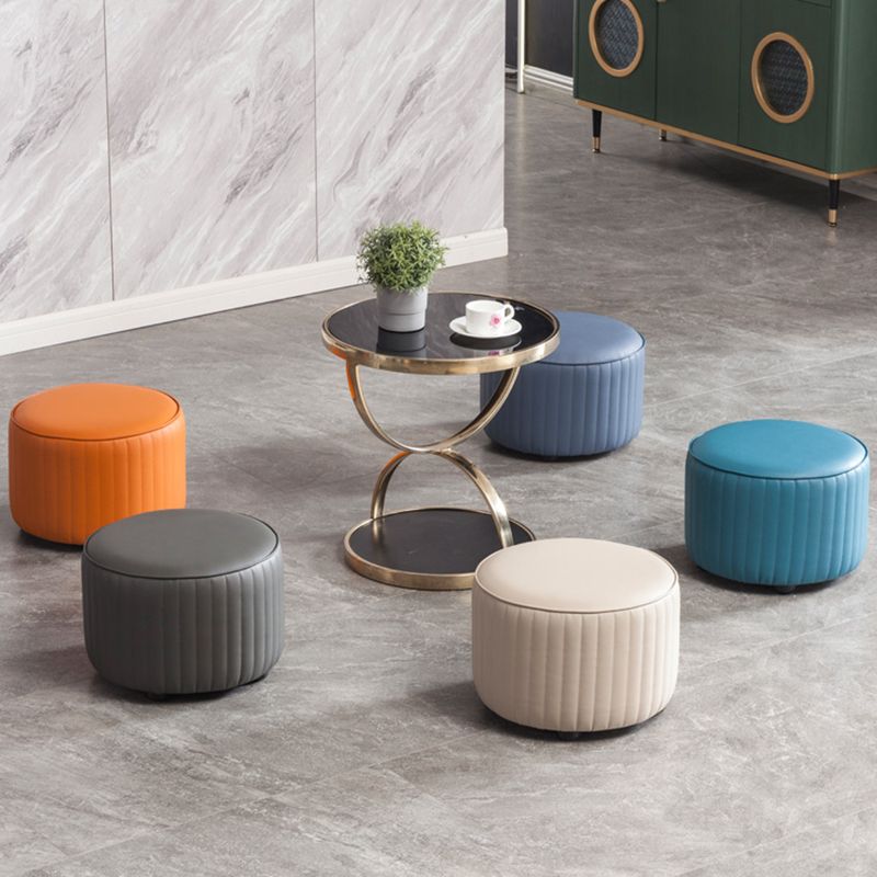 Modern Round Ottoman Solid Color Leather Water Resistant Footstool Ottoman