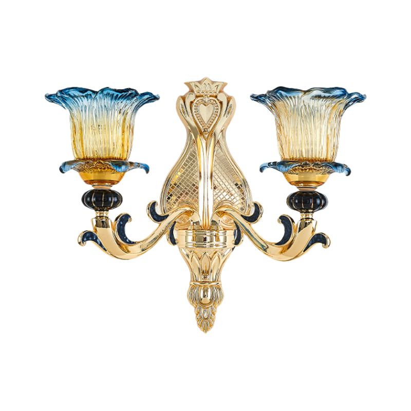 2 Bulbs Flower Wall Sconce Antiqued Light Gold Clear Ruffle Glass Wall Mounted Lamp with Curved Arm