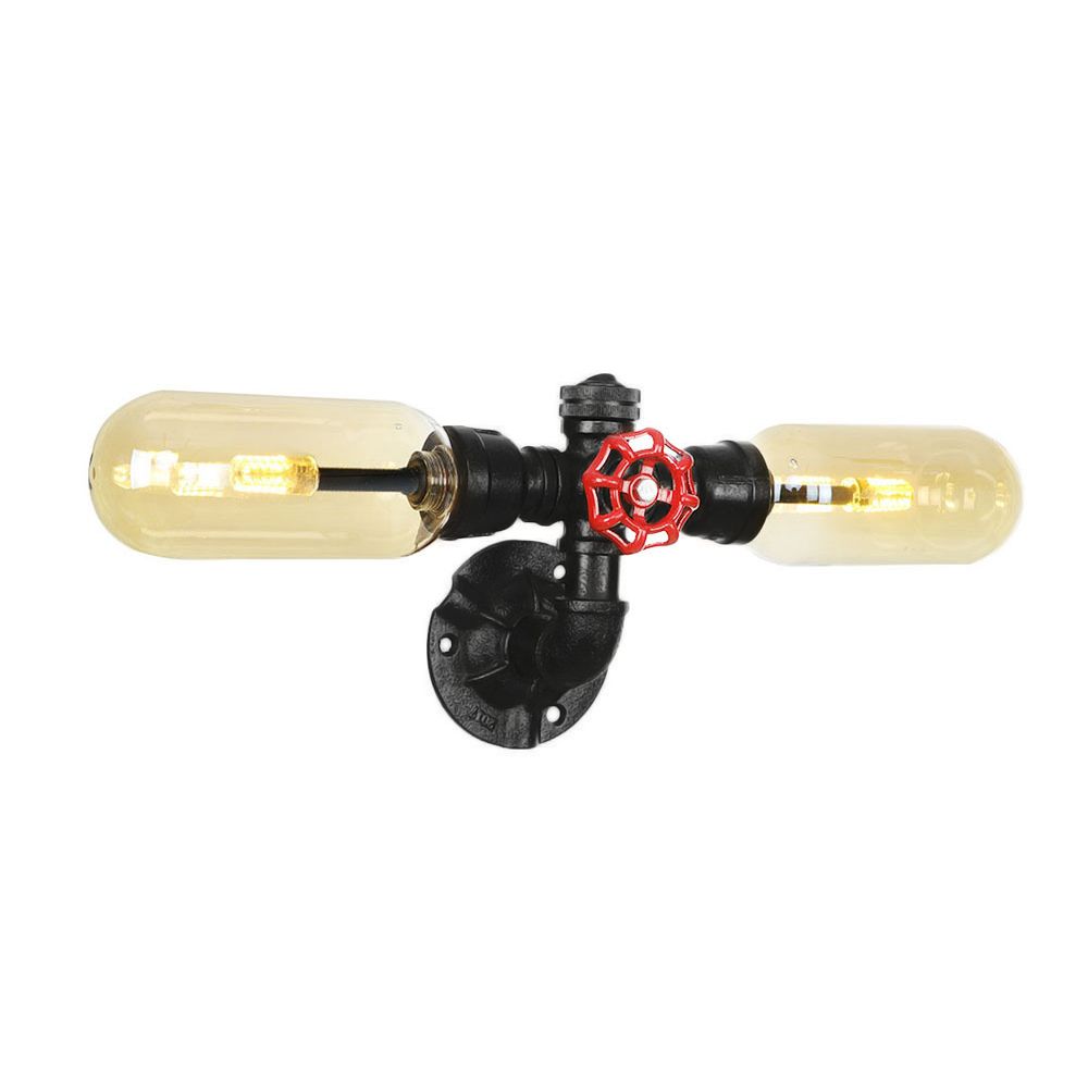 1/2 Bulb Wall Light Capsule Amber Glass Industrial Dining Room Sconce Lighting Fixture in Black with Pipe Design