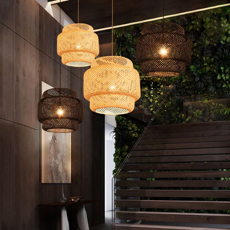 Lantern Bambus Rattan Form Anhänger Hängende Lampe Asien Stil 1 Licht hängende Deckenleuchte für Wohnzimmer