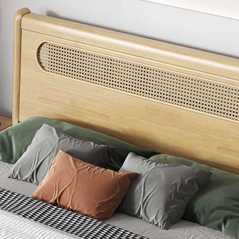 Rectangular Beige Panel Bed Rubberwood and Rattan Bed Frame with Headboard
