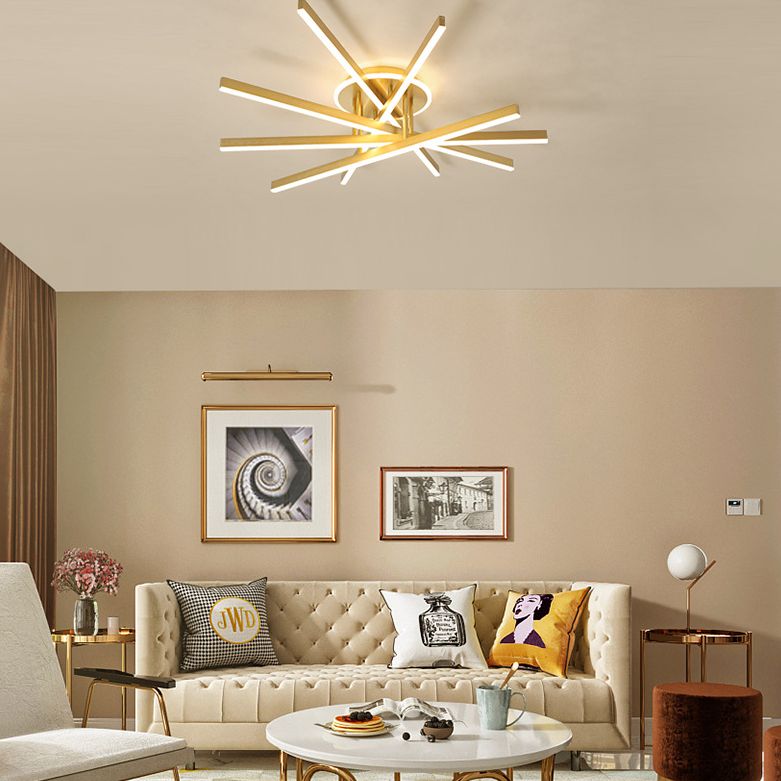 Slender Bar Semi Flush Mount plafond Aménagement de salon en métal moderne LED LED MONTER en or