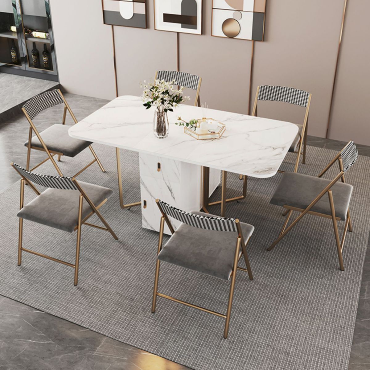 Modern Foldable Dining Room Set Standard Height with Gold Base Dining Furniture