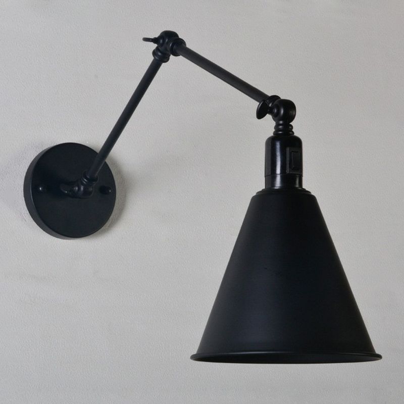 Luz de pared de una sola bomba Luz retro del cono profundo de la lámpara de pared de hierro con brazo ajustable en negro