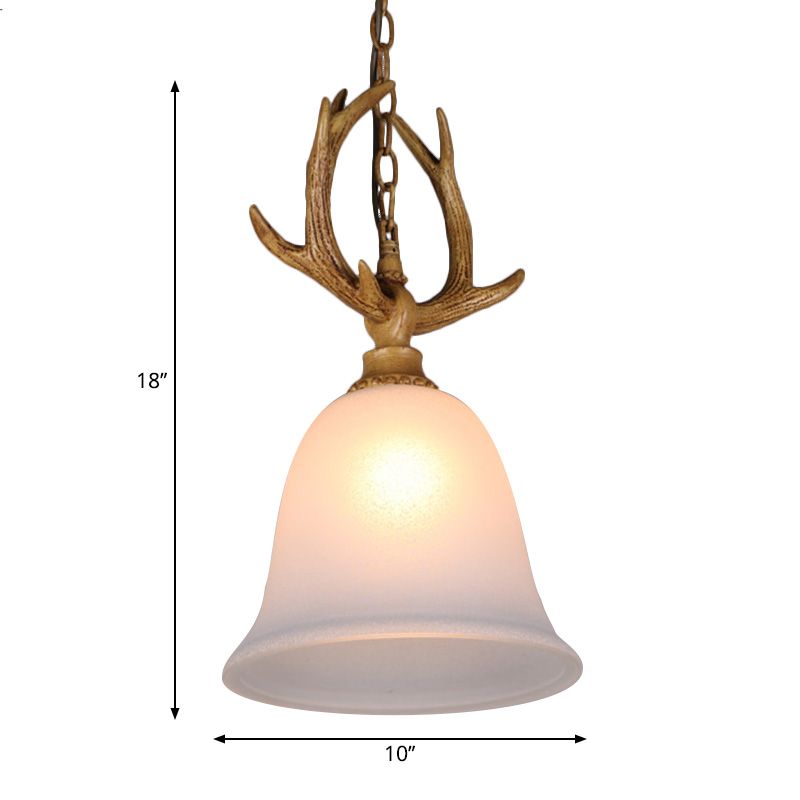 1 Light Bell Ceiling Pendant Light Rustic White Glass Hanging Lamp with Elk Design