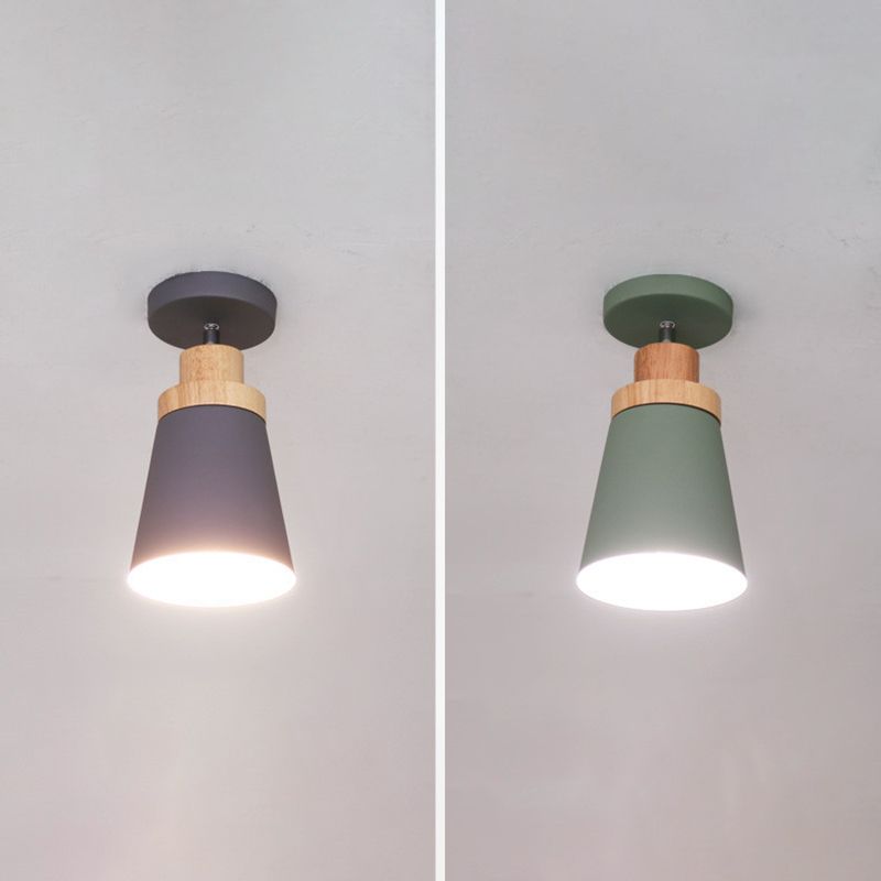 Modern Artistic Ceiling Light Wooden Geometric Semi Flush Mount with Wrought Iron Shade
