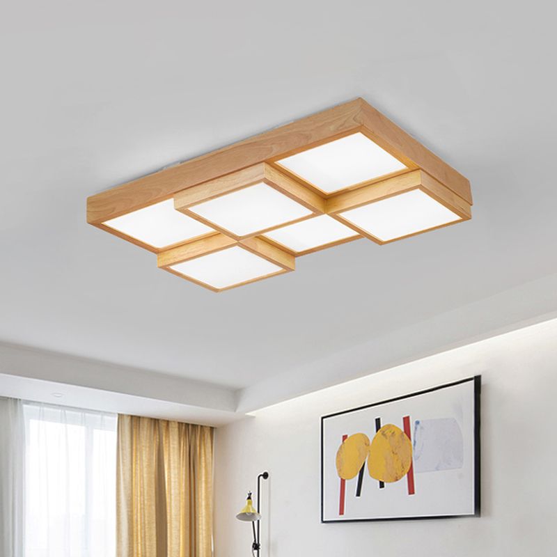 Natuurlijke Houten Vierkante Flush Licht Moderne 4/6/9-Licht Houten LED Plafond Lamp in Warm/Wit/Natuurlijk Licht