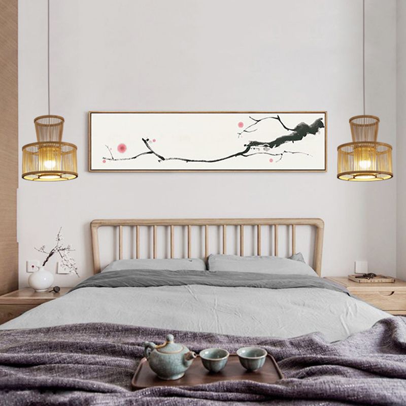 2-Tier Drum Hanging Light Countryside Bamboo 1 Light Beige Pendant Ceiling Light for Bedroom