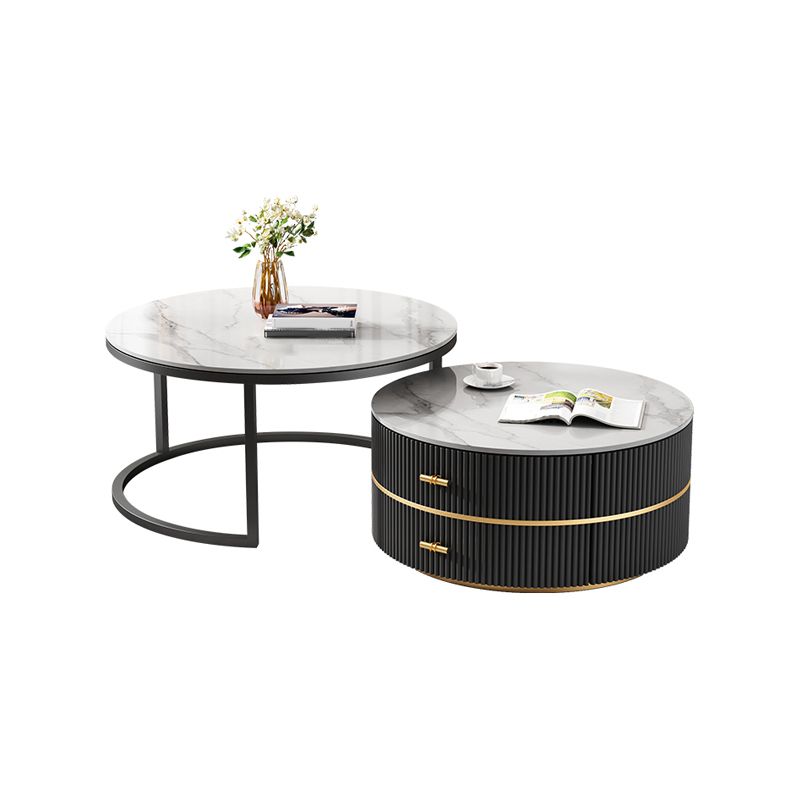 Round Slate Coffee Table Set Frame Cocktail Table with 2 Storage Drawers