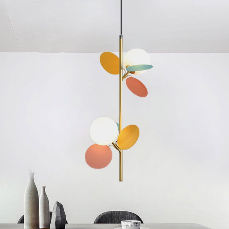 Kids Sphere Chandelier Lighting Frosted Glass 2 Heads Bedside Branch Hanging Lamp in Grey/White/Yellow and Pink