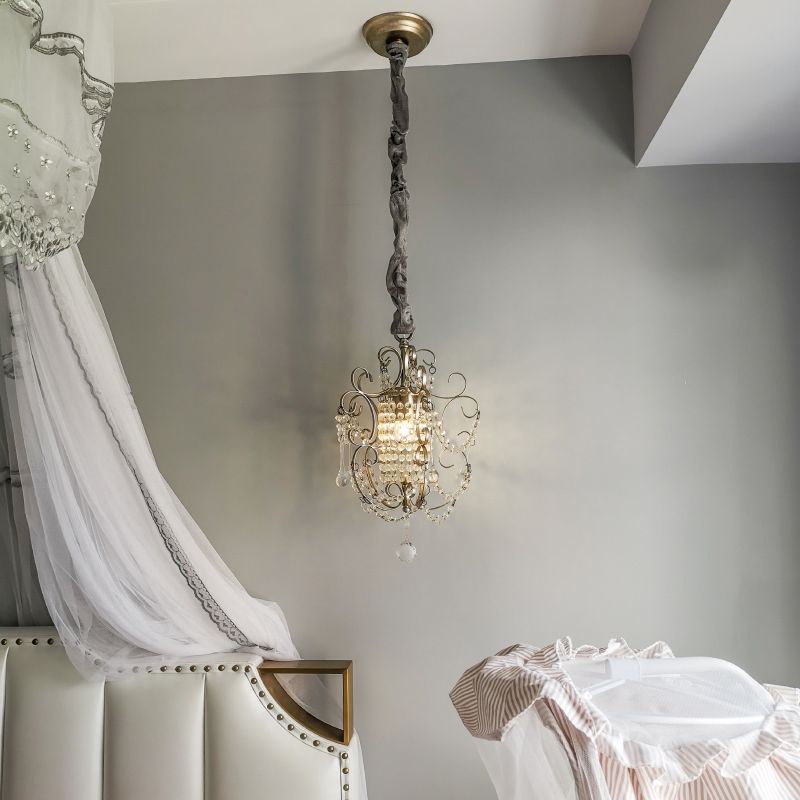 1 Light Scrolled Frame Pendant Light Kit Traditional Metal Suspension Lamp with Crystal Droplet
