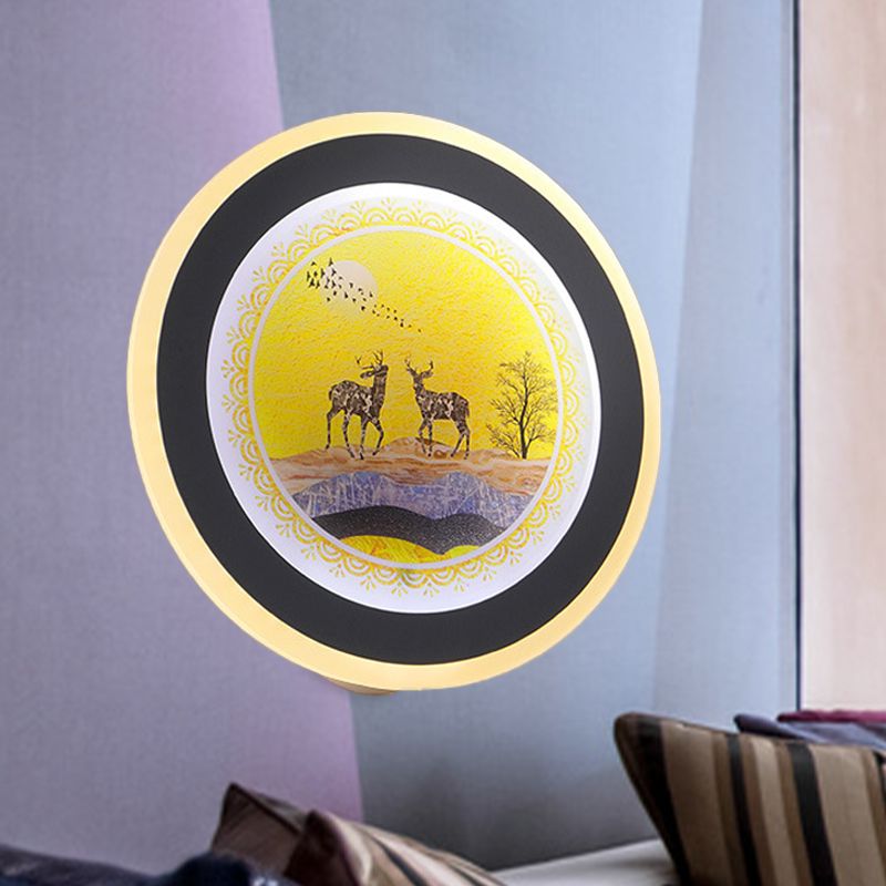Blue/Yellow Rounded Wall Mounted Lighting Nordic Style LED Acrylic Wall Mural Light with Elk Deer Design