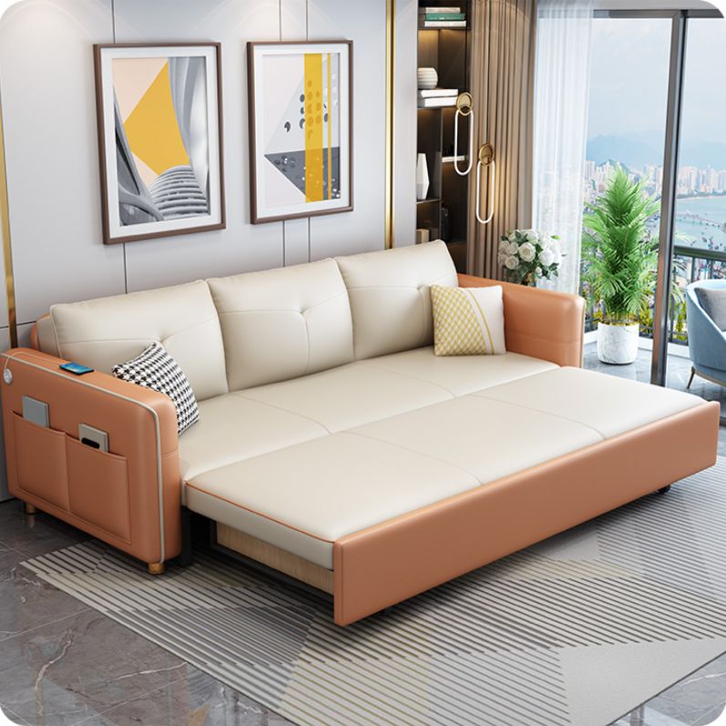 Modern Sleeper Sofa White with Storage Pillow Back Square Arms Sofa Futon