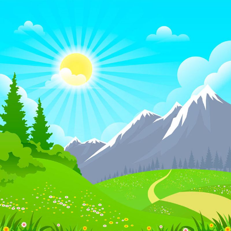 Cartoon Childrens Mural Wallpaper with Early Spring Mountain Pattern Blue-Yellow-Green Wall Art for Daycare