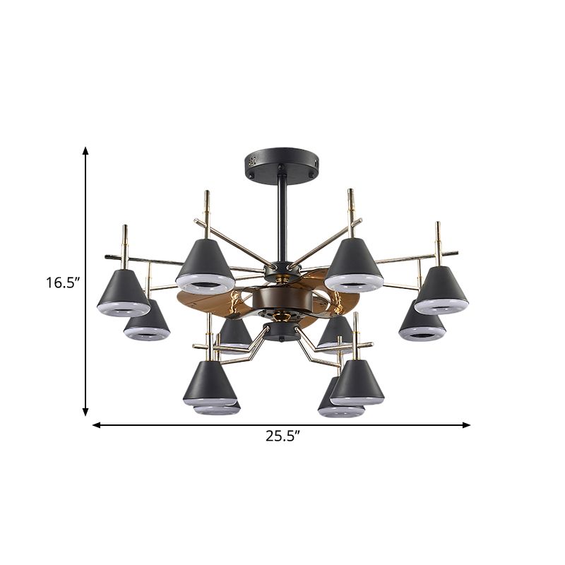 25.5 "brede kegel semi-spoelmontage Modernistische metalen metallic 12-lichte zwarte 3-blade hanglamp ventilatorlamp