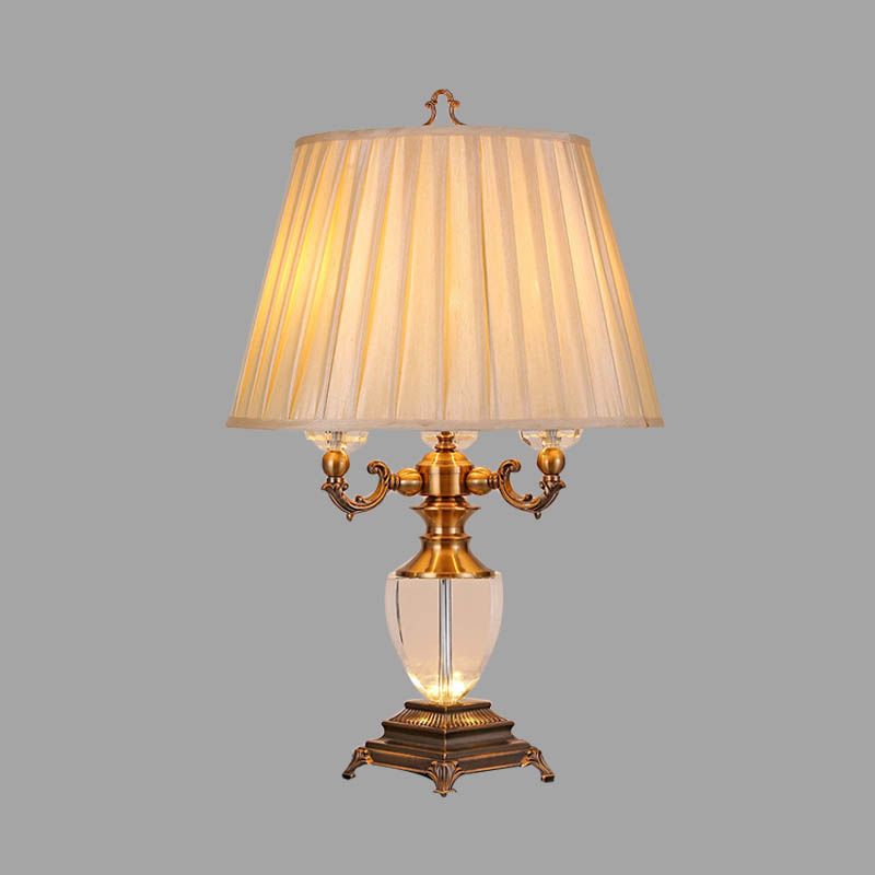 Pleated Shade Bedroom Table Light Rustic Fabric 3 Lights Beige Nightstand Lamp with Crystal Accent