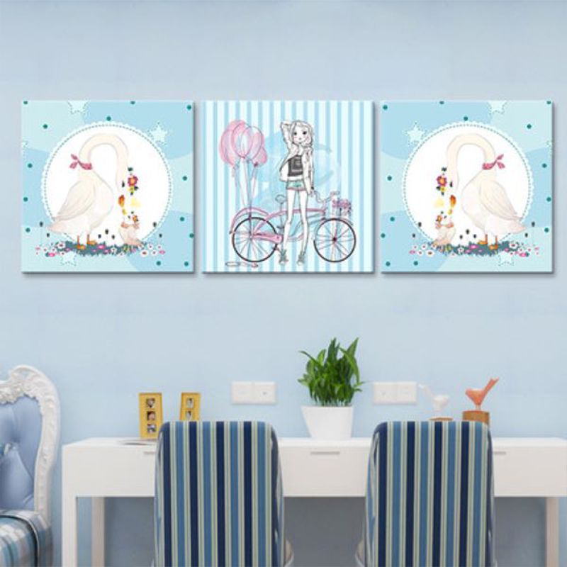 Girl and Swan Wall Art Decor Cartoon Textured Kids Play Room Canvas Print, Set of 3