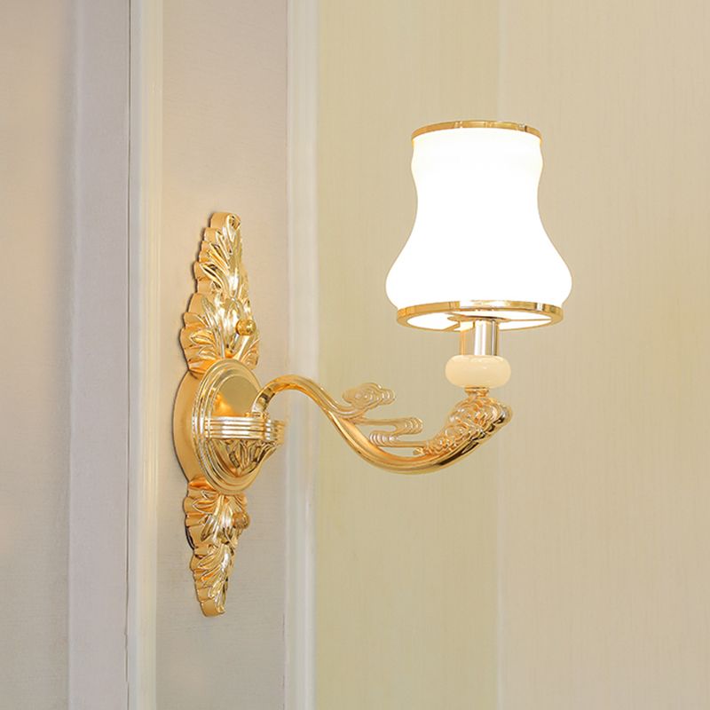 Gold Shaded Wall Lighting Simplicity Opal Glass Corridor Wall Light Fixture with Curved Arm