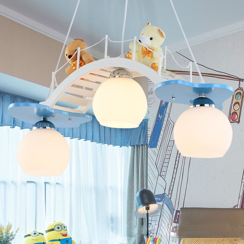 Child Bedroom Bridge Chandelier with Bear Wood 3 Lights Cartoon White Hanging Light