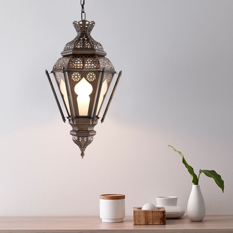 Art Deco Lantern Ceiling Pendant 1 Bulb Metal Hanging Light Fixture in Bronze for Restaurant