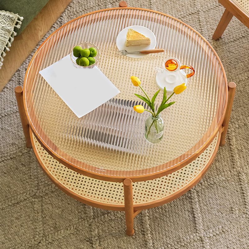 Modern Glass Top Solid Wood 4 Legs Round Double Tier Living Room Side Table
