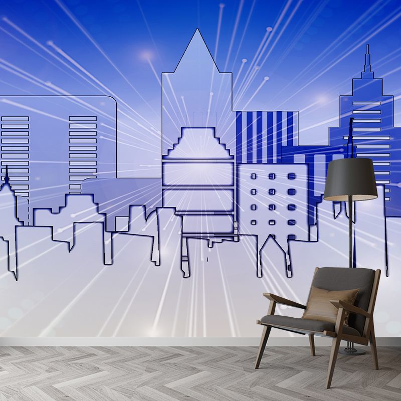City Building Illustration Moisture Resistant Mural Wallpaper for Meeting Room