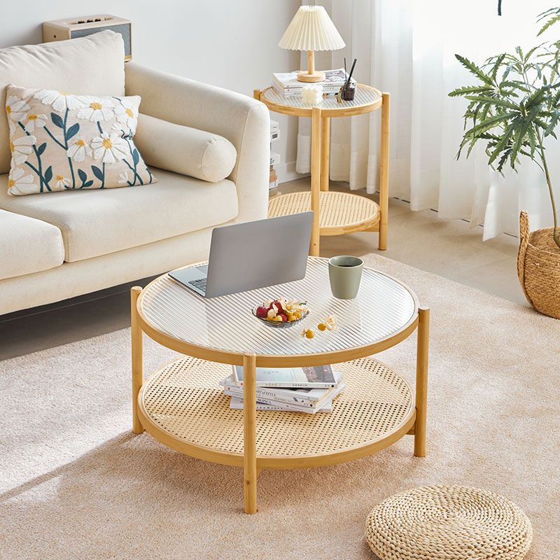 Tropical Coffee Table Glass 4 Legs Storage Round Coffee Cocktail Table