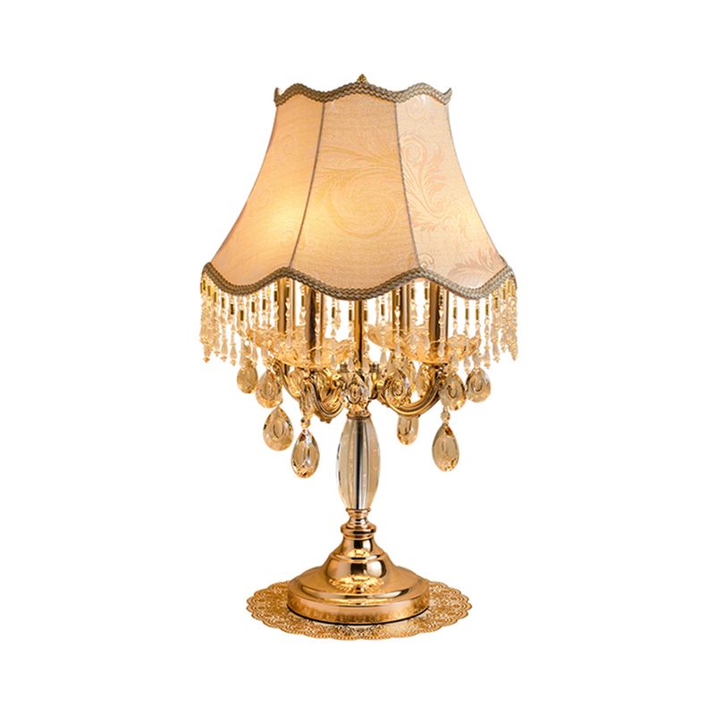 1 Bulb Night Lighting Traditional Flared Fabric Shade Table Light in Gold with Clear Crystal Draping