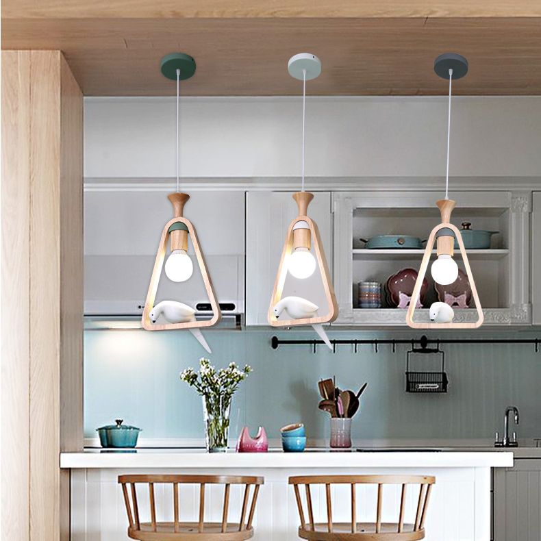 Dadelloze houten suspensielamp Noordse 1-licht hangerverlichting met harsvogel decor