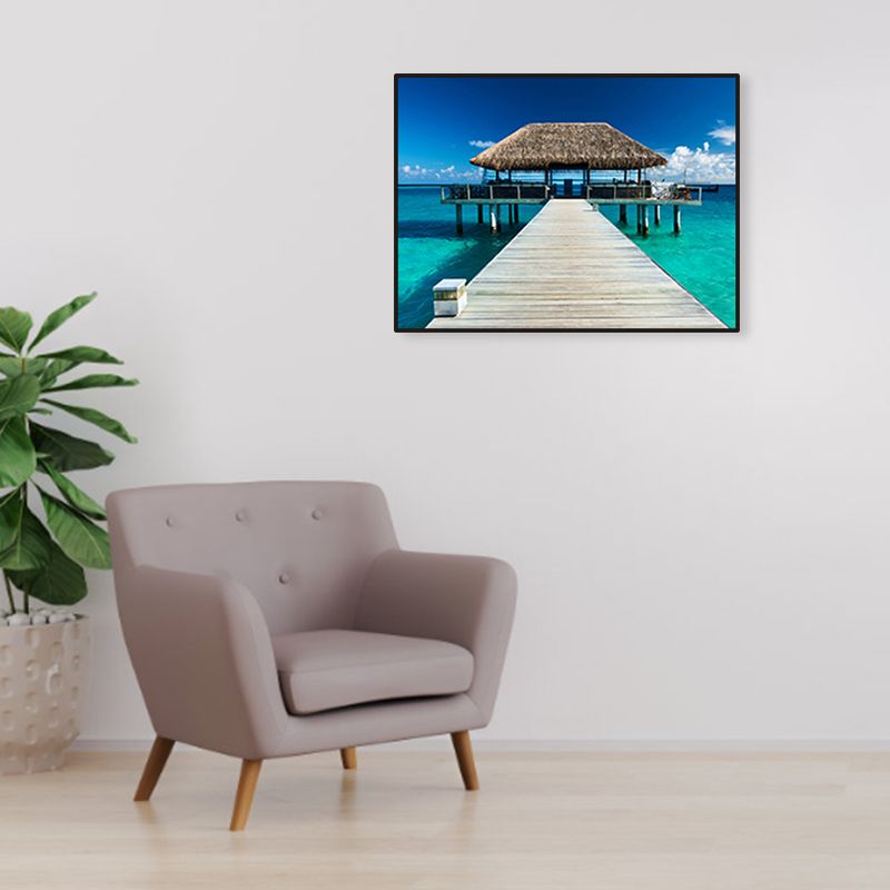 Seaside Bridge Scene Canvas Wall Art Modern Textured Room Wall Decor in Light Color