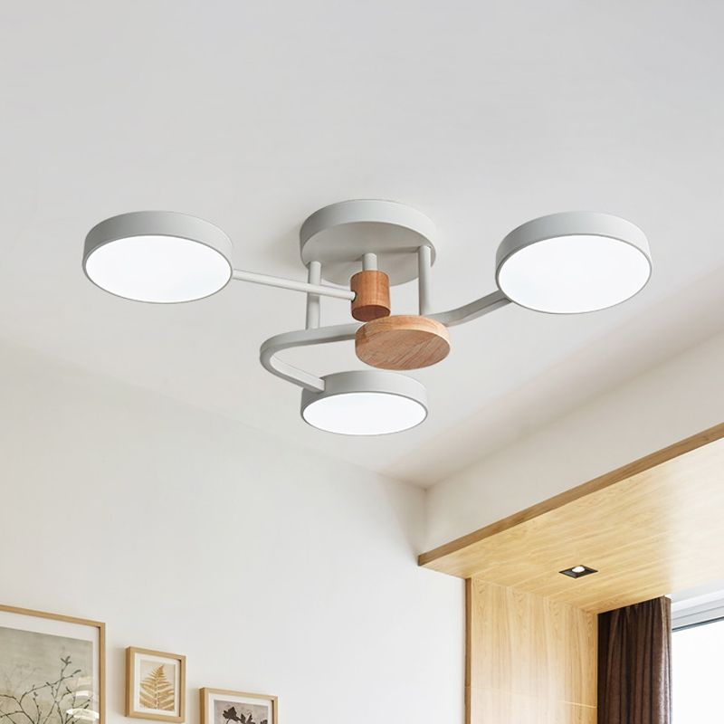 Round Semi Flushmount Lighting Macaron Metallic LED Bedroom Flush Mount Lamp Fixture in Grey/White/Green with Curved Arm