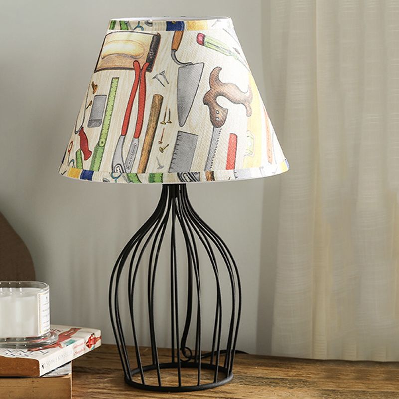 1 Head Barrel Night Table Lamp Traditional Black Nightstand Lighting with Metal Wire Cage Base