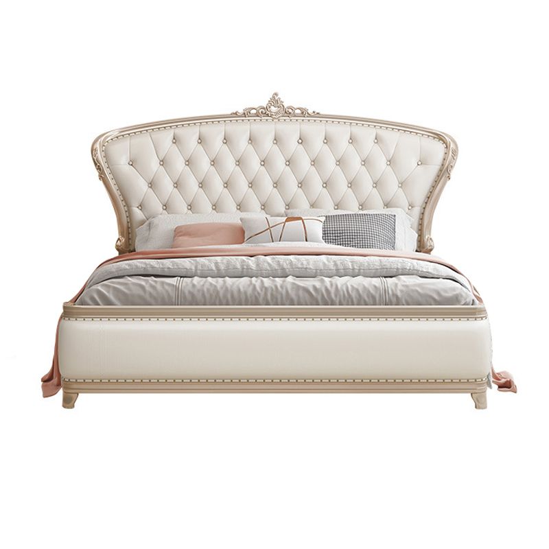 Victorian White Panel Bed Upholstered Headboard Bed with Custom Gold Legs