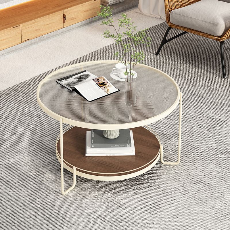 Round Glass Top Coffee Table 17.7" H Iron 3 Legs Cocktail Table with Shelf