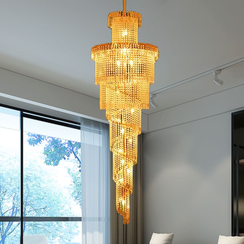 Candelera de techo de cristal en capas Modern 15 luces colgante de suspensión de oro para corredor