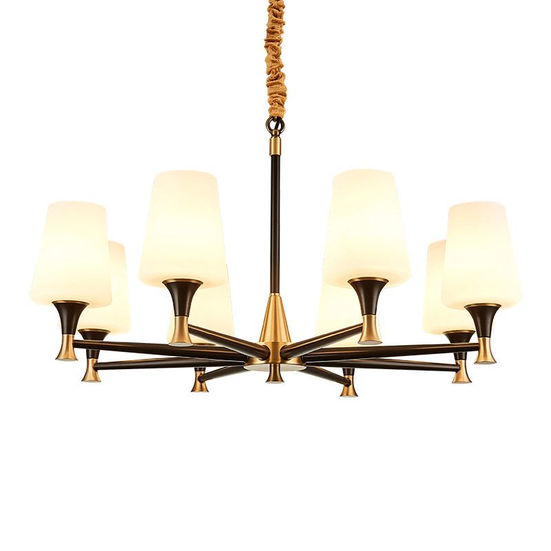 Conical White Glass Chandelier Light Traditional Bedroom Ceiling Suspension Lamp in Black