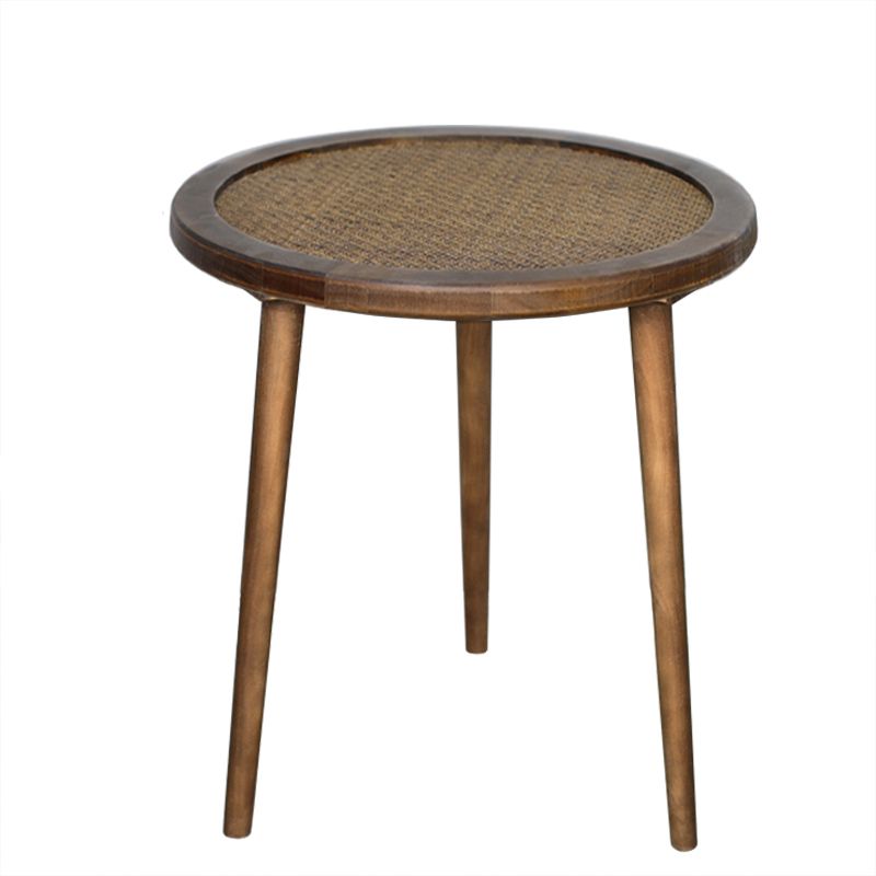 French Rustic Round Rattan Top Side Table 3 Legs Wooden End Table